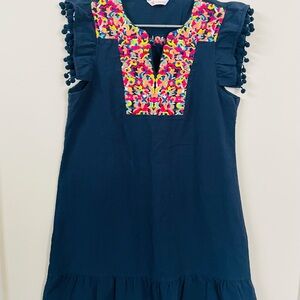 Elegant Navy Dress with Colorful Embroidery